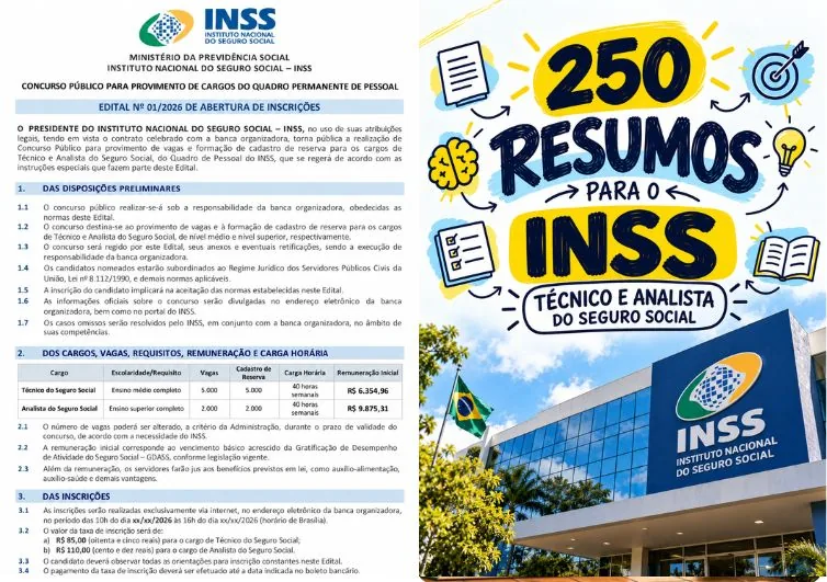 Página de edital do INSS ao lado da capa dos 250 Resumos Visuais para o INSS